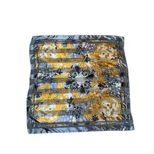 Gray Gold Cream Silky Scarf Stripe Regency Floral Scroll Pattern 40" x  39"